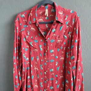 Roper Hot Pink Long Sleeved Shirt Size Large Pearl Snap Button Up Cactus Print